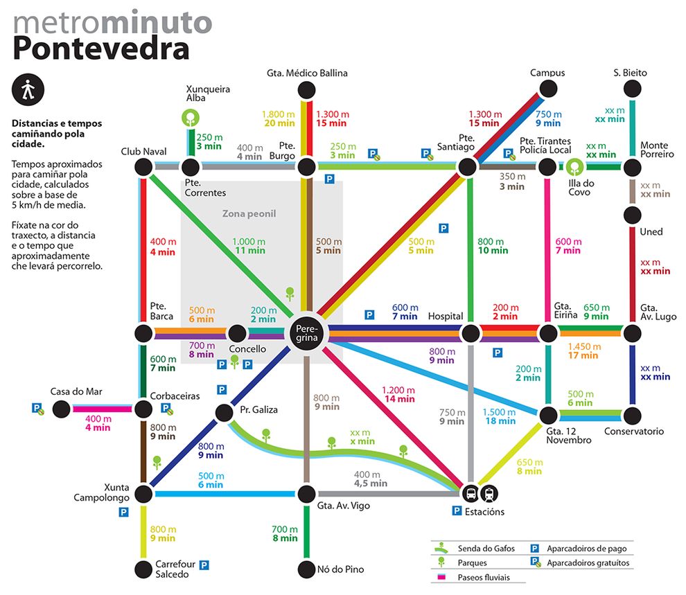Metrominuto, un mapa impulsado por el ayuntamiento de Pontevedra para fomentar el hábito de caminar.